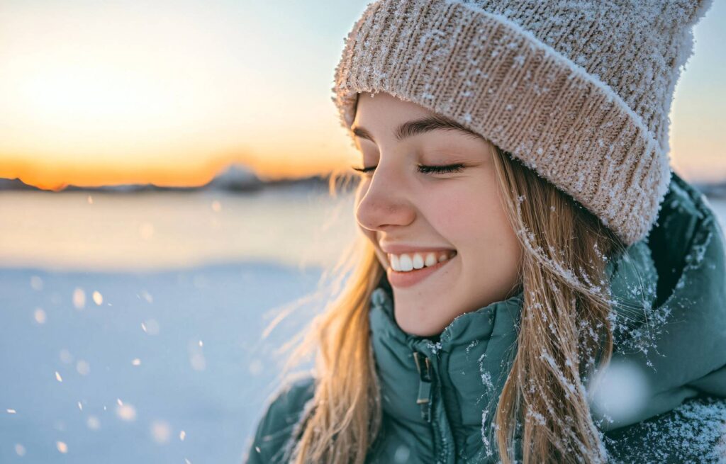 Portrait of a smiling woman wearing a winter coat and hat, looki